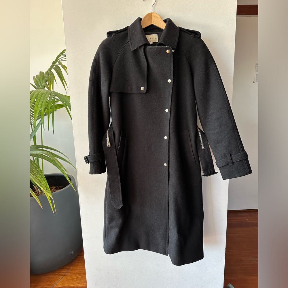 Sandro Paris Womens 38 Black Wool Belted Coat
